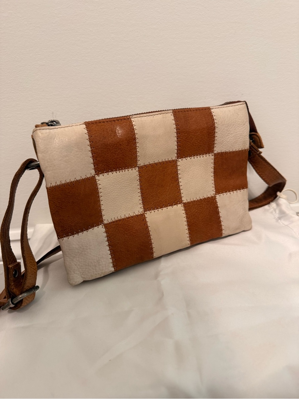 Latico Leathers Checkerboard Leather Crossbody Bag in Brown & Cream